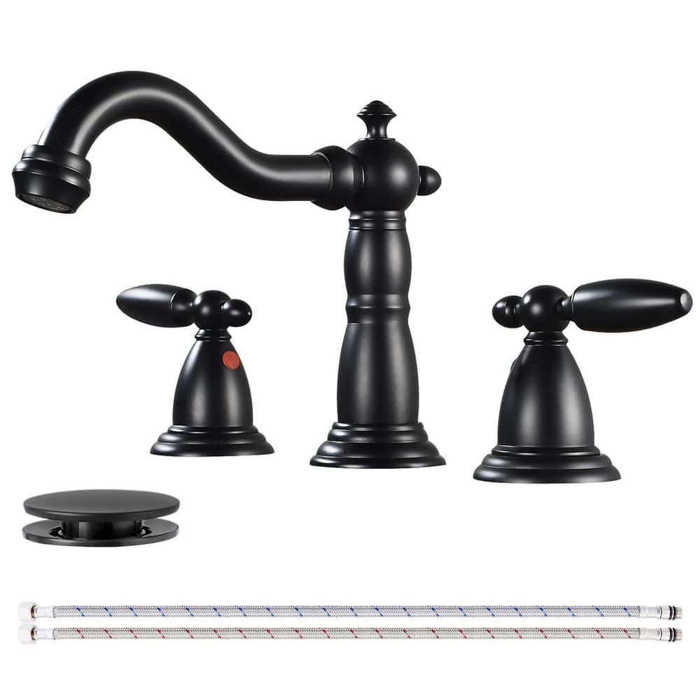 Double Handles 8 in. Widespread Bathroom Faucet 3-Hole Sink Faucet with Pop-Up Drain in Matte Black price history on PriceWatchPro