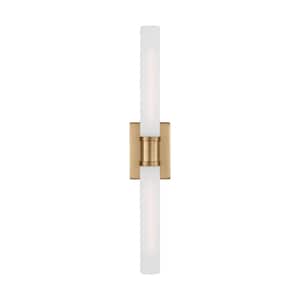 Keaton 30 in. Large 2-Light Satin Brass Vanity Light with Satin Etched Glass Shades