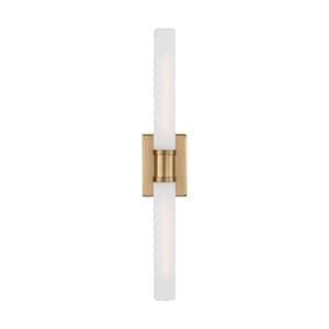 Keaton 5 in. Large 2-Light Satin Brass Vanity Light with Satin Etched Glass Shades