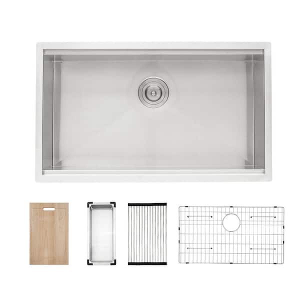 Sarlai 32 in. Undermount Single Bowl 18-Gauge Brushed Nickel Stainless Steel Workstation Kitchen Sink with All Accessories