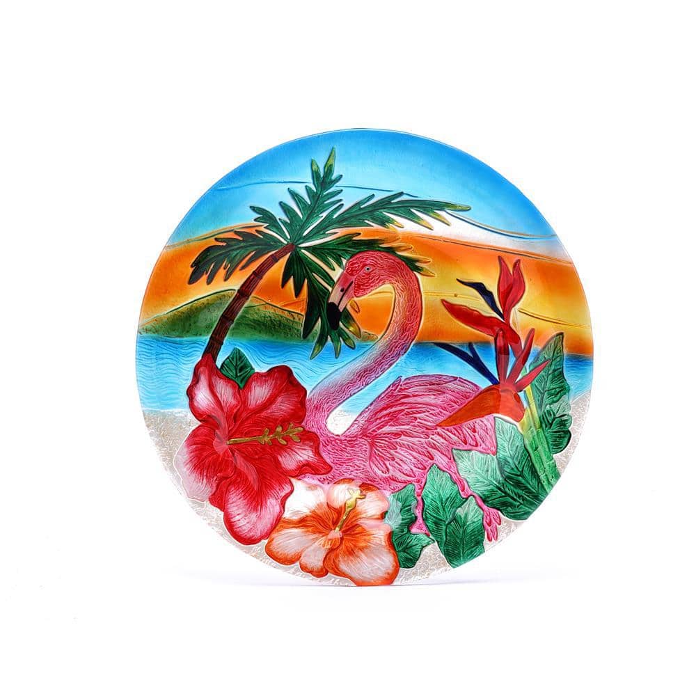 Flamingo Sunset Glass Bird Bath with Metal Stand