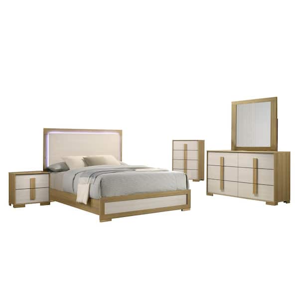 Best Quality Furniture Alissa 5-Piece Natural-White Color Wood Frame Queen Panel Bedroom Set With Chest