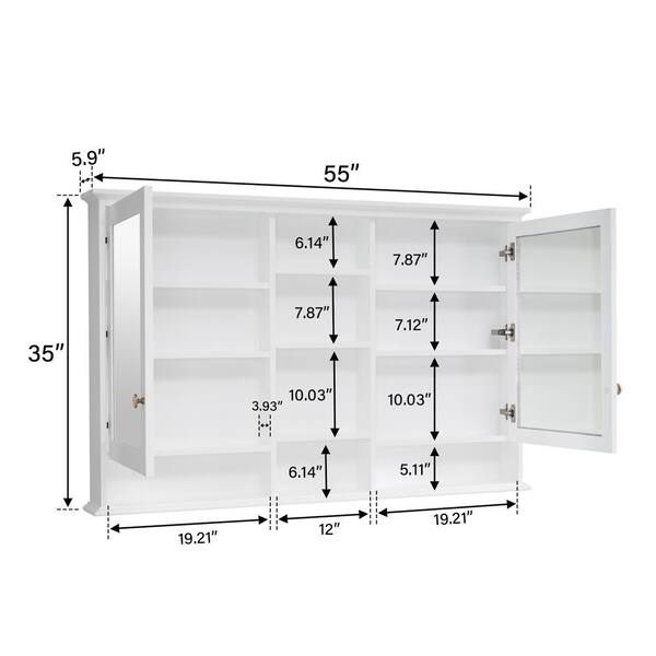 WELLFOR 55 in. W x 35 in. H Rectangular White Wood Surface Mount Medicine Cabinet with Mirror and Shelves, 2-Soft Close Doors