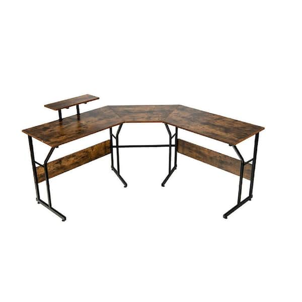 Costway L-Shaped Reversible Computer Desk 2-Person Long Table w/Monitor  Stand Rustic Brown