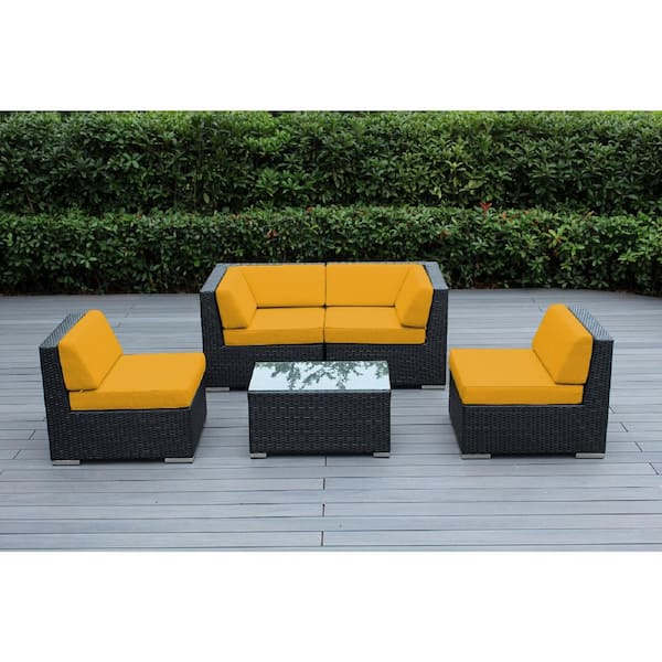 Ohana Depot Ohana Black 5-Piece Wicker Patio Seating Set with Sunbrella Sunflower Yellow Cushions