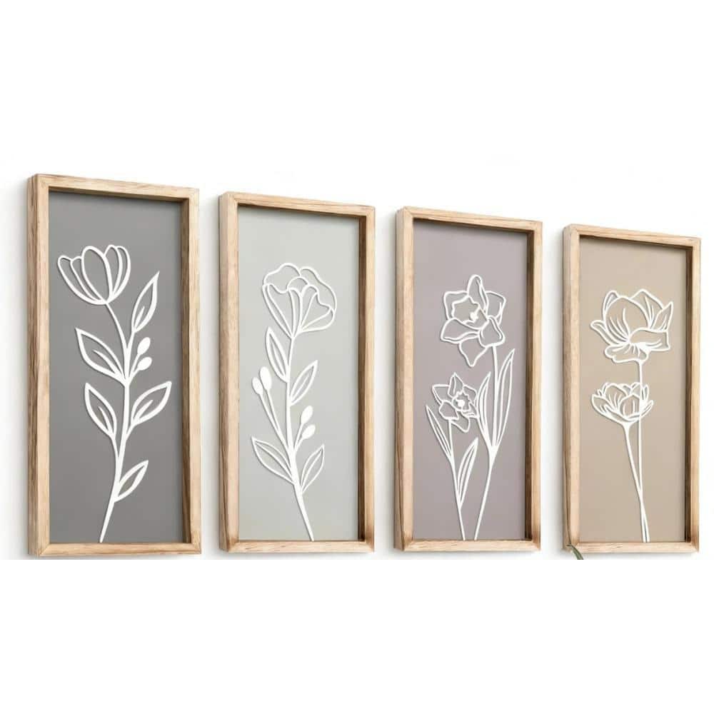 16 in. x 7 in. 3D Wooden Floral Bathroom Wall Decor (Set of 4