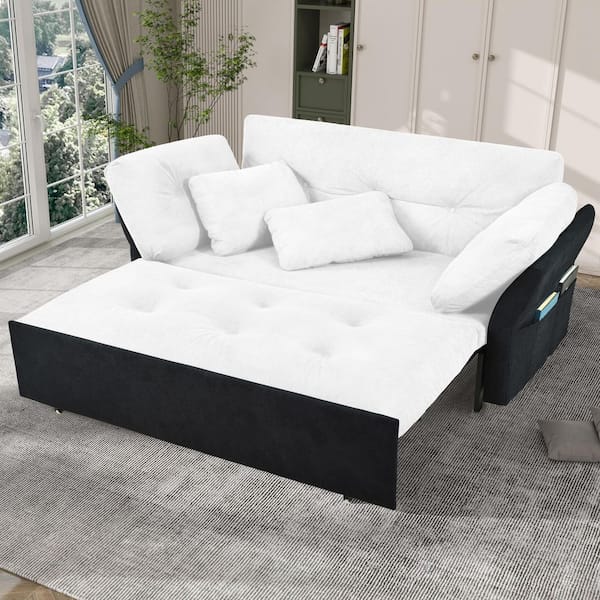 Randolph Modern 74.01 in. White+Black Chenille Upholstery Full Size Sofa Bed with Pull-Out Couch, Side Pockets, Pillows