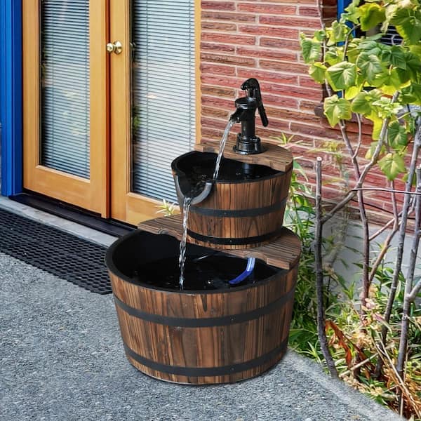 Type A Outsunny Wood Barrel Patio Water Fountain Garden Decorative Ornament Water Feature with Electric Pump
