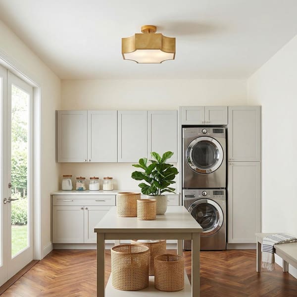 15 in. 3-Light Vintage Gold Metal Semi-Flush Mount with Shade