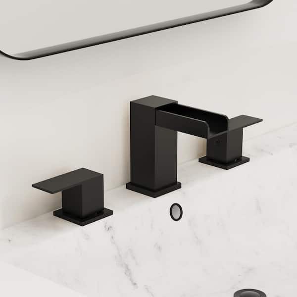 8 in. Widespread Double Handle Waterfall Bathroom Sink Faucet with Pop-up Drain in Matte Black (1-Pack)