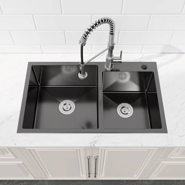 32 in. L x 19 in. W Drop-In Double Bowl 16-Gauge Stainless Steel Kitchen Sink in Gunmetal Black