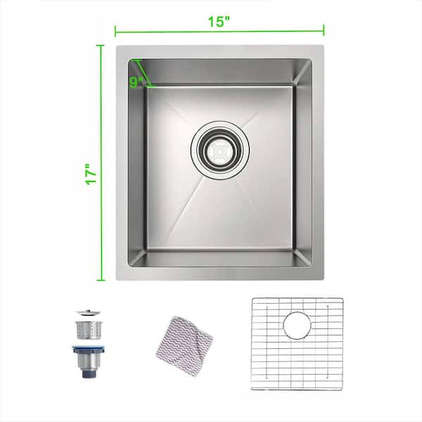 15 x 17 in. Undermount Single Bowl 16-Gauge Brushed Nickel Stainless Steel Kitchen Sink with Strainer and Bottom Grids