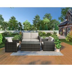 4-Piece Wicker Patio Furniture Sets Outdoor Sectional Sofa Set with Light Grey Cushions and Table