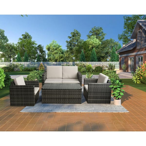 GOOEEN 4-Piece Wicker Patio Furniture Sets Outdoor Sectional Sofa Set with Light Grey Cushions and Table