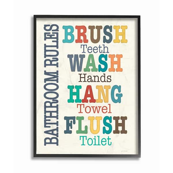 Stupell Industries 16 in. x 20 in. "Colorful Bathroom Rules Typography Art" by Jo Moulton Wood Framed Wall Art