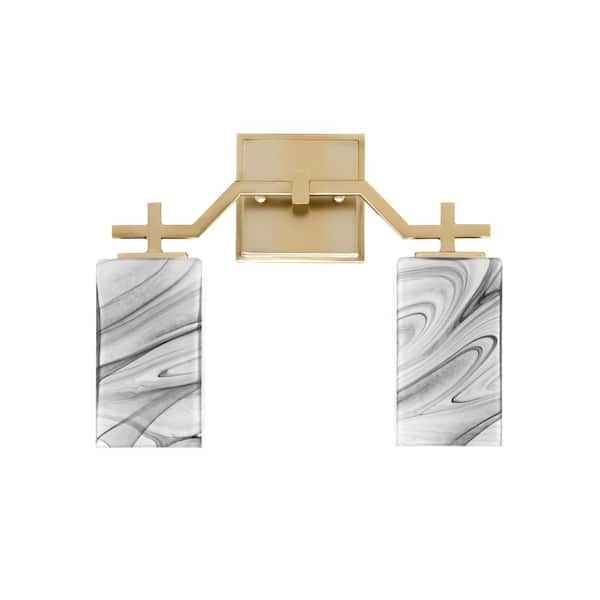 Unbranded Bridgewater 13.5 in. 2 Light Vanity Light New Age Brass with 3.5 in. Square Onyx Swirl Glass Shades, No Bulbs Included