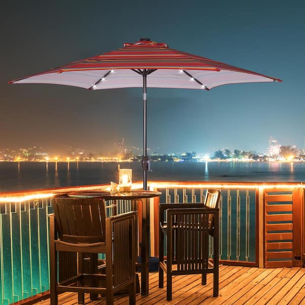 Unbranded 8.7 ft. Market Patio Umbrella in Red Stripes With 24 LED Lights， Push Button Tilt and Crank