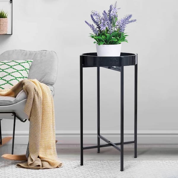 RiteSune Modern 13 in. Black Round Wood Top End Tray Table