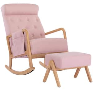 Modern Upholstered Pink Fabric Rocking Chair With Wooden Base and Ottoman