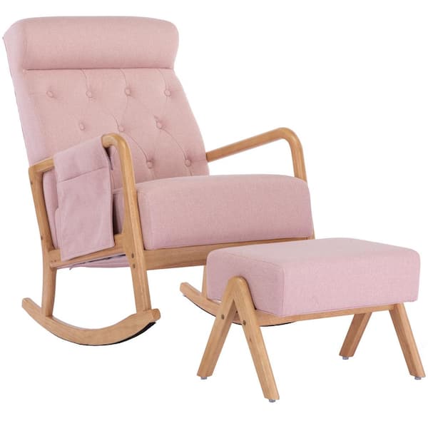 HOMEFUN Modern Upholstered Pink Fabric Rocking Chair With Wooden Base and Ottoman
