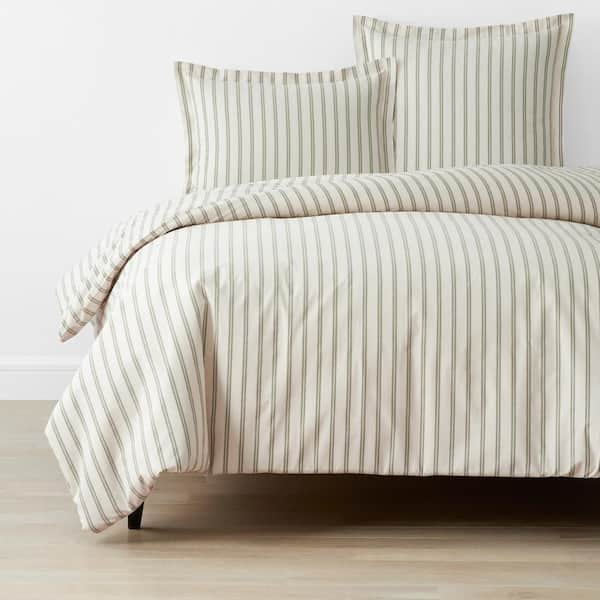 The Company Store Narrow Stripe T200 Yarn Dyed Moss Green Full Cotton Percale Duvet Cover
