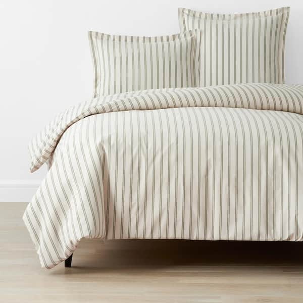 The Company Store Narrow Stripe T200 Yarn Dyed Moss Green Twin Cotton Percale Duvet Cover