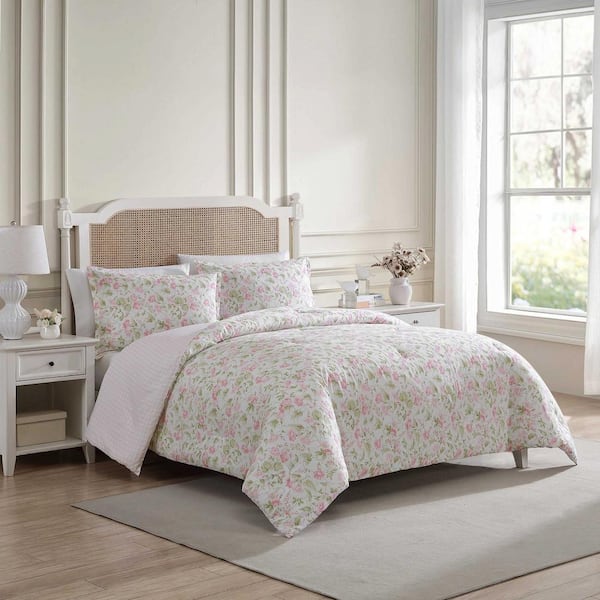 Morning Gloria 3-Piece Pretty Pink/Green 100% Cotton Full/Queen Comforter Set