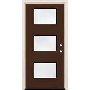 36 in. x 80 in. Left-Hand/Inswing 3-Lite Clear Glass Chestnut Painted Fiberglass Prehung Front Door w/4-9/16 in. Frame