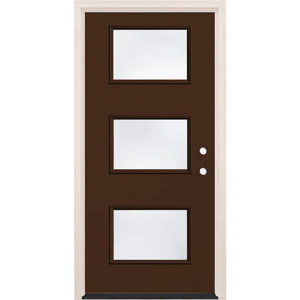 Builders Choice 36 in. x 80 in. Left-Hand/Inswing 3-Lite Clear Glass Chestnut Painted Fiberglass Prehung Front Door w/4-9/16 in. Frame