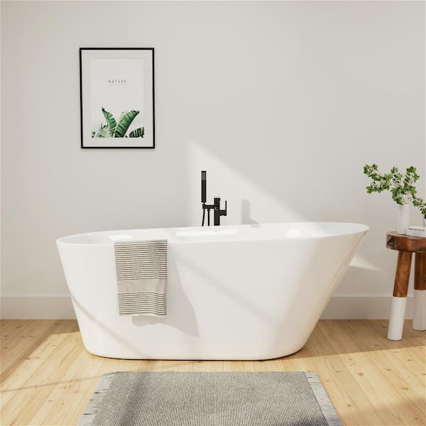 Mokleba 61 in. Modern Slipper Acrylic Freestanding Bathtub cUPC Certificated with Polished Chrome Drain Soaking Tub in White