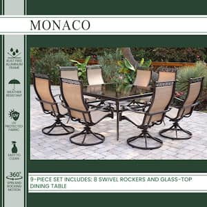 Monaco 9-Piece Aluminum Outdoor Dining Set with Square Glass-Top Table and Contoured Sling Swivel Chairs