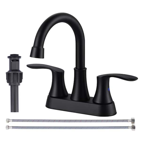 Refined Deck Mounted Double Handle High Arc 4 in. Centerset Bathroom Faucet with Pop-up Drain in Matte Black