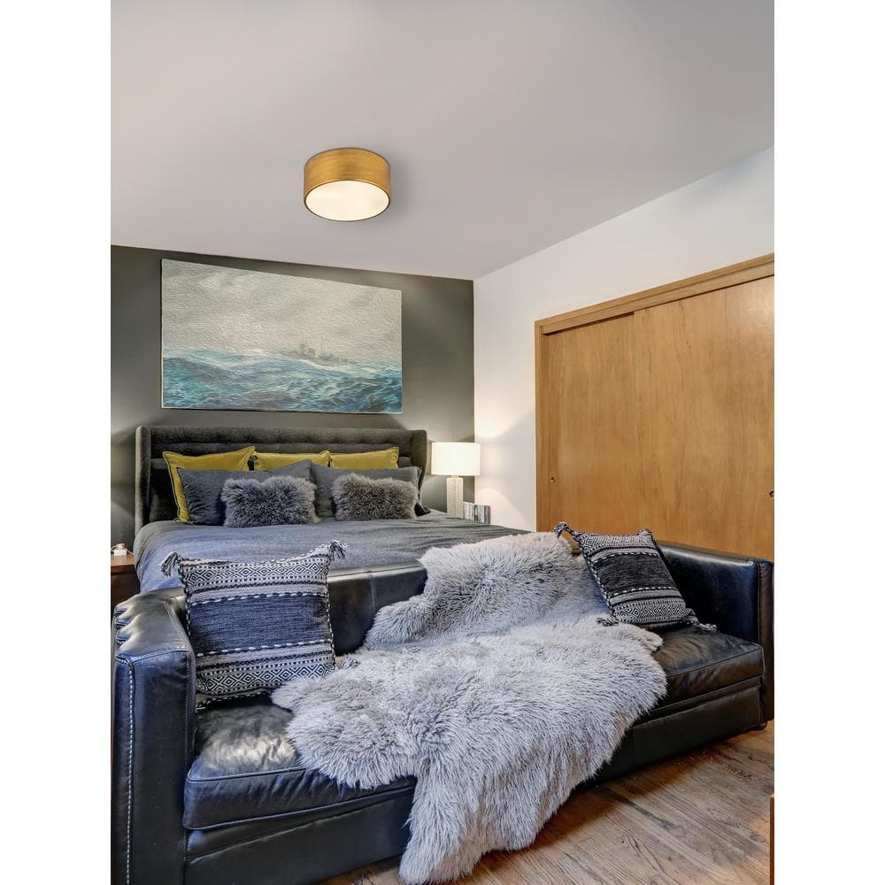12" Rubbed Brass and Glass Drum LED Flush Mount Light