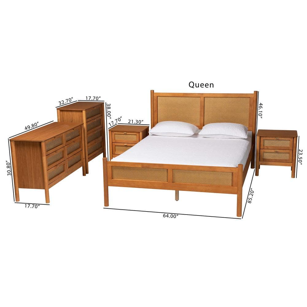 Jenn Golden Brown Wood and Rattan Queen Bedroom Set