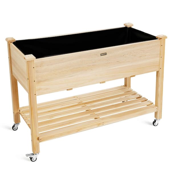 WELLFOR Natural Fir Wood Raised Bed with Bottom Shelf, Black Liner and Lockable Wheels