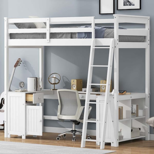 Polibi Twin Size Loft Bed with U-shaped Desk, Drawers and Storage Shelves, White