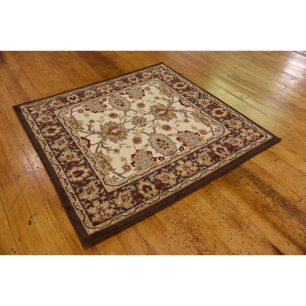 Ivory and Brown Square Synthetic Traditional Area Rug