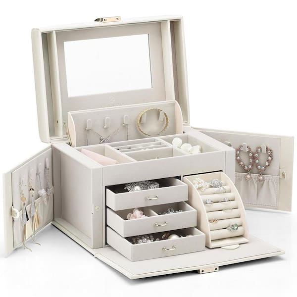 Unbranded Jewelry Box Organizer for Women, Large Baroque Jewelry Holder Organizer with Mirror, Earrings, Rings, Cloud White