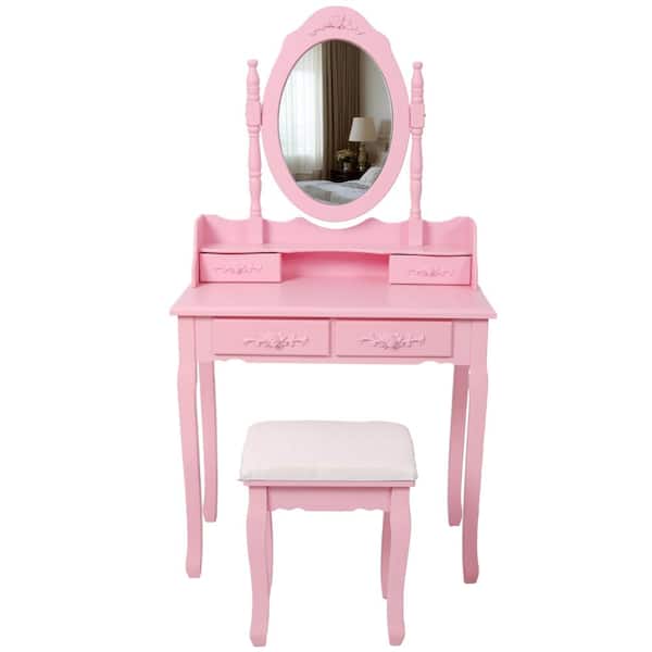 Pink Vanity Desk Set with Mirror&Cushioned Stool,4-Drawer Makeup Vanity Table for Girls' Bedroom,Dressing Table