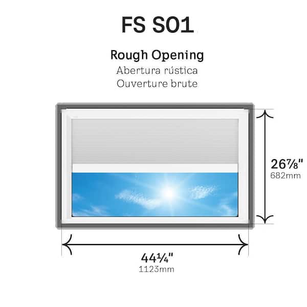 44-1/4 in. x 26-7/8 in. Fixed Deck Mount Skylight w/ Laminated Low-E3 Glass, White Solar Powered Room Darkening Shade
