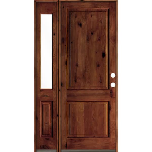 Krosswood Doors 56 in. x 96 in. Rustic knotty alder 2-Panel Left-Hand/Inswing Clear Glass Red Chestnut Stain Wood Prehung Front Door