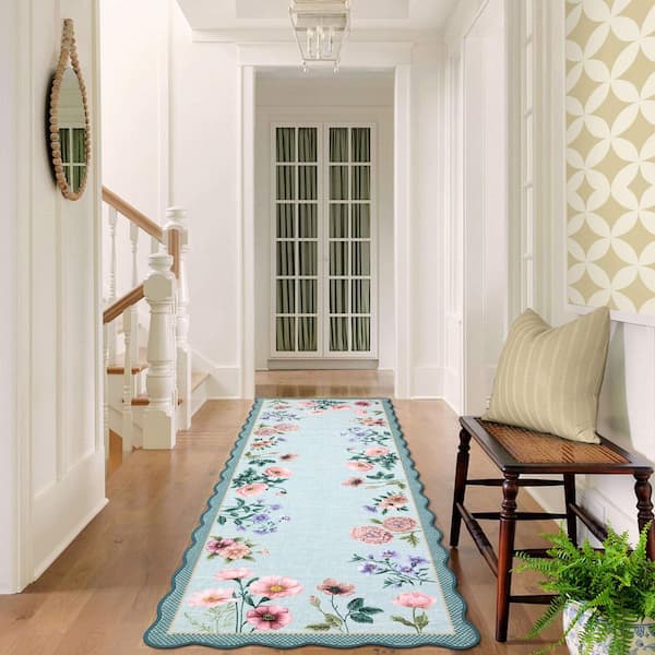 Light Blue 2 ft. x 6 ft. Floral Scalloped Rug Low Pile Non-Slip Polyester for Living Rooms and Bedrooms