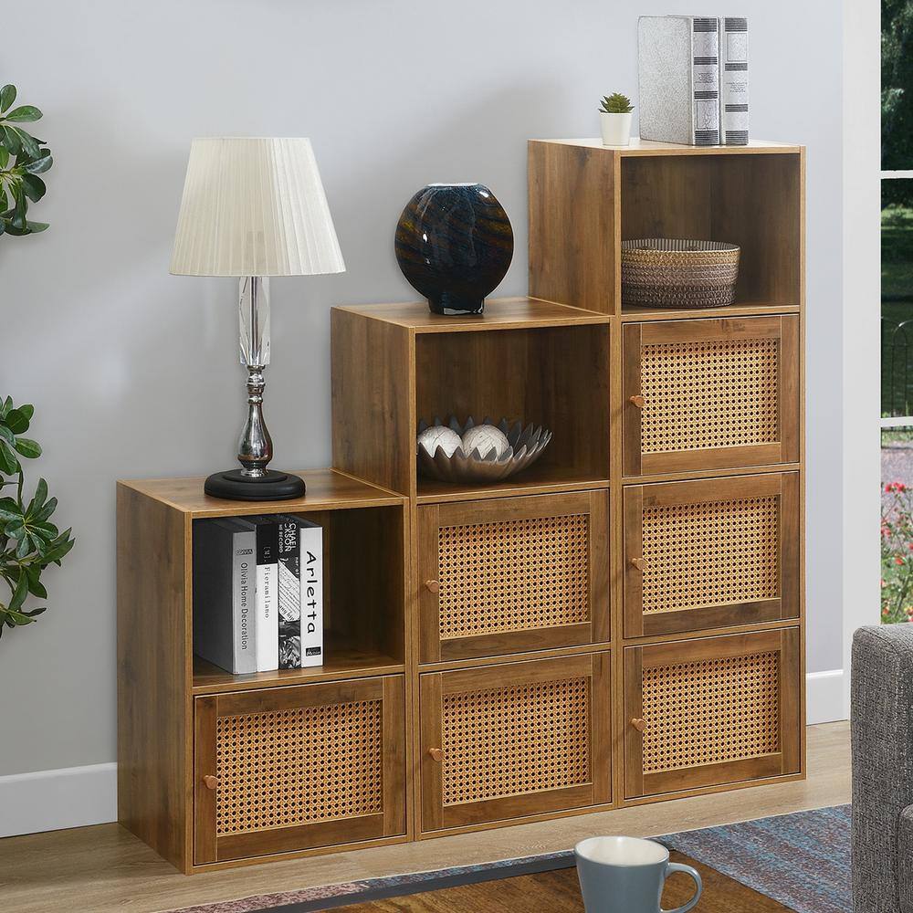 Boho Weave Brown Storage Cabinet with Lockable Shelf, 35.25" Height