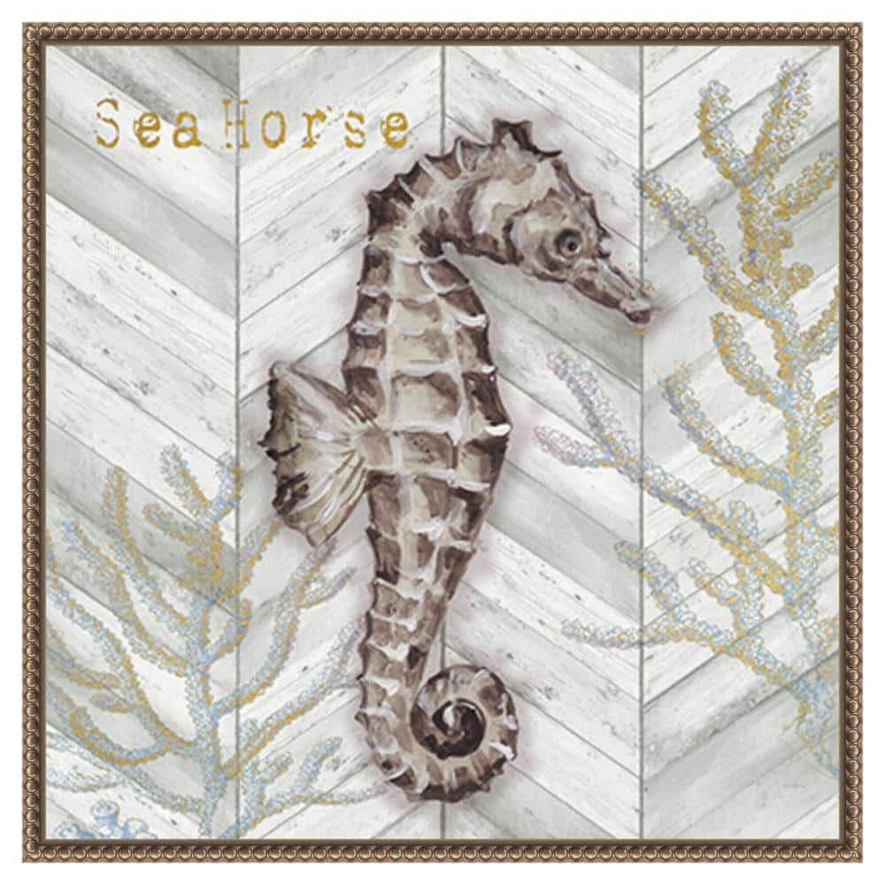 Gray Gold Chevron Seahorse Canvas Wall Art with Bronze Frame