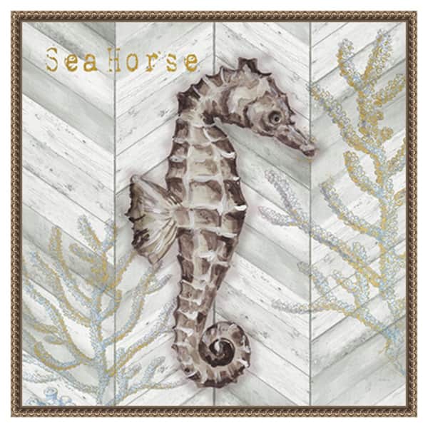 Amanti Art Gray Gold Chevron Seahorse by Tre Sorelle Studios 22 in. W x 22 in. H. Canvas Wall Art Print Framed in Bronze