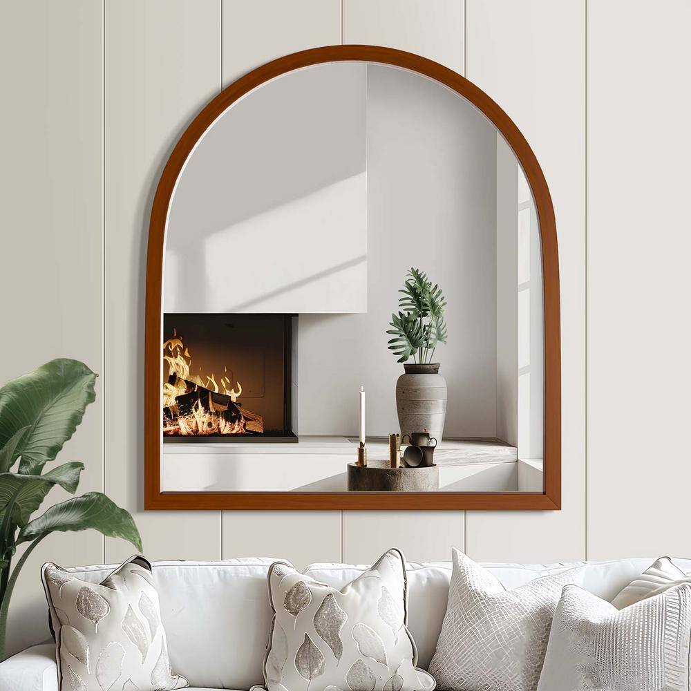 Walnut 31 in. W x 35 in. H Arched Wooden Framed Mirror, Wall Mirror Vanity 