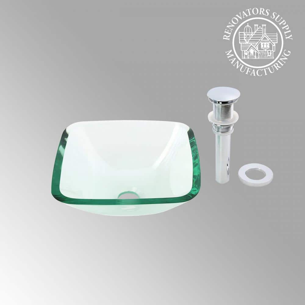 Clear Tempered Glass Square Vessel Sink with Drain