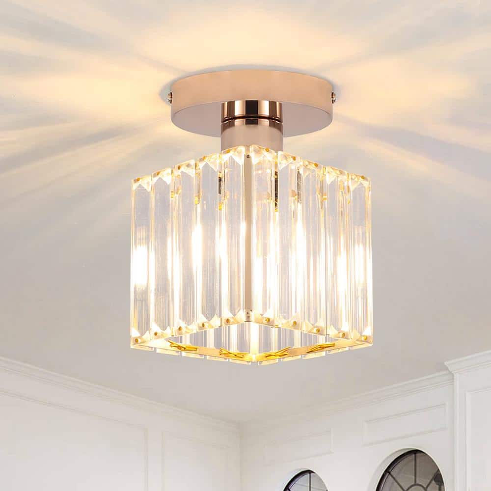 5.5 in. 1-Light Gold Square Crystal Semi Flush Mount Ceiling Light for Foyer Closet Entryway Kitchen Bedroom Dining Room price history on PriceWatchPro