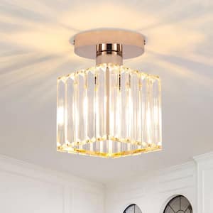 5.5 in. 1-Light Gold Square Crystal Semi Flush Mount Ceiling Light for Foyer Closet Entryway Kitchen Bedroom Dining Room