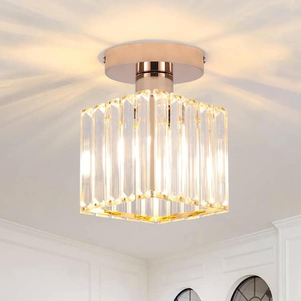YANSUN 5.5 in. 1-Light Gold Square Crystal Semi Flush Mount Ceiling Light for Foyer Closet Entryway Kitchen Bedroom Dining Room